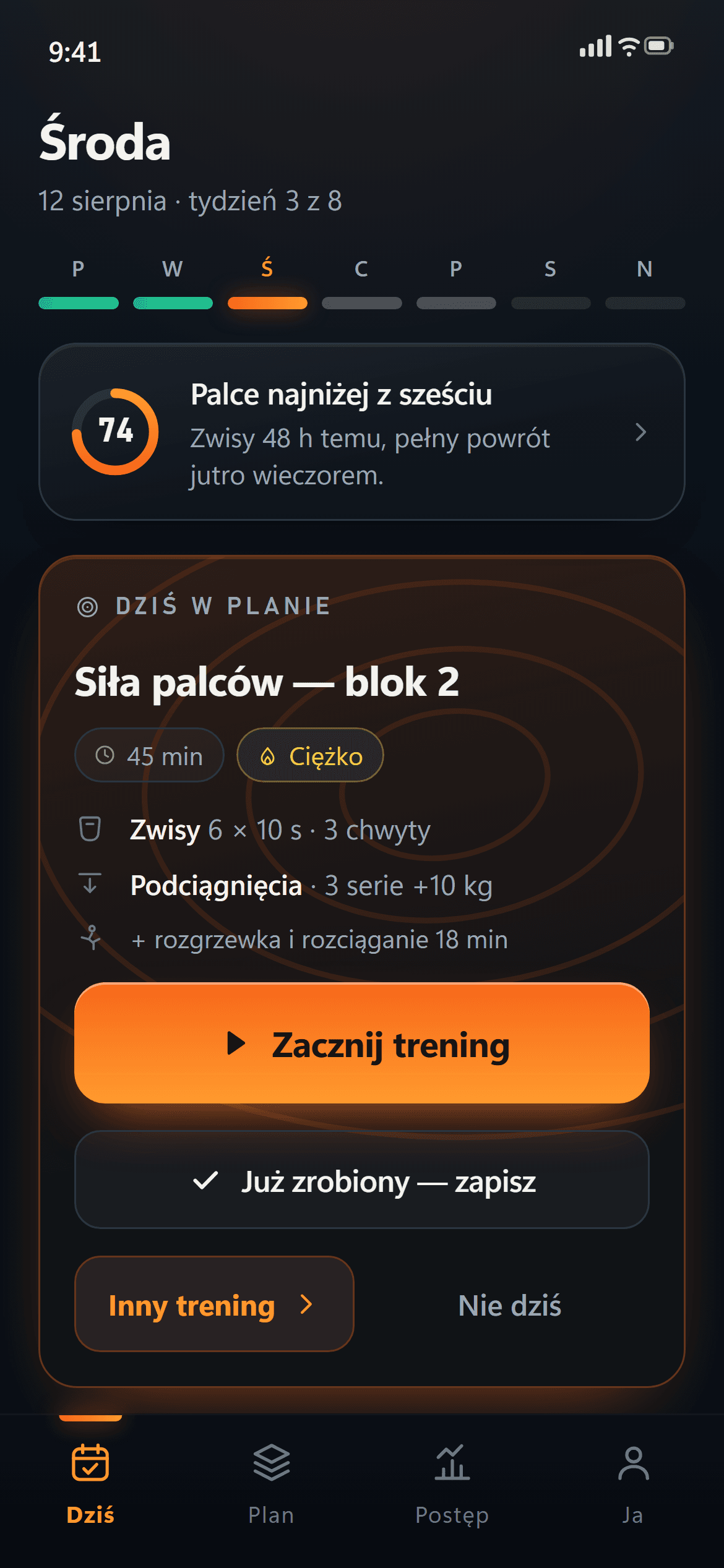 Plan treningowy na dany dzień w aplikacji ClimbingDad