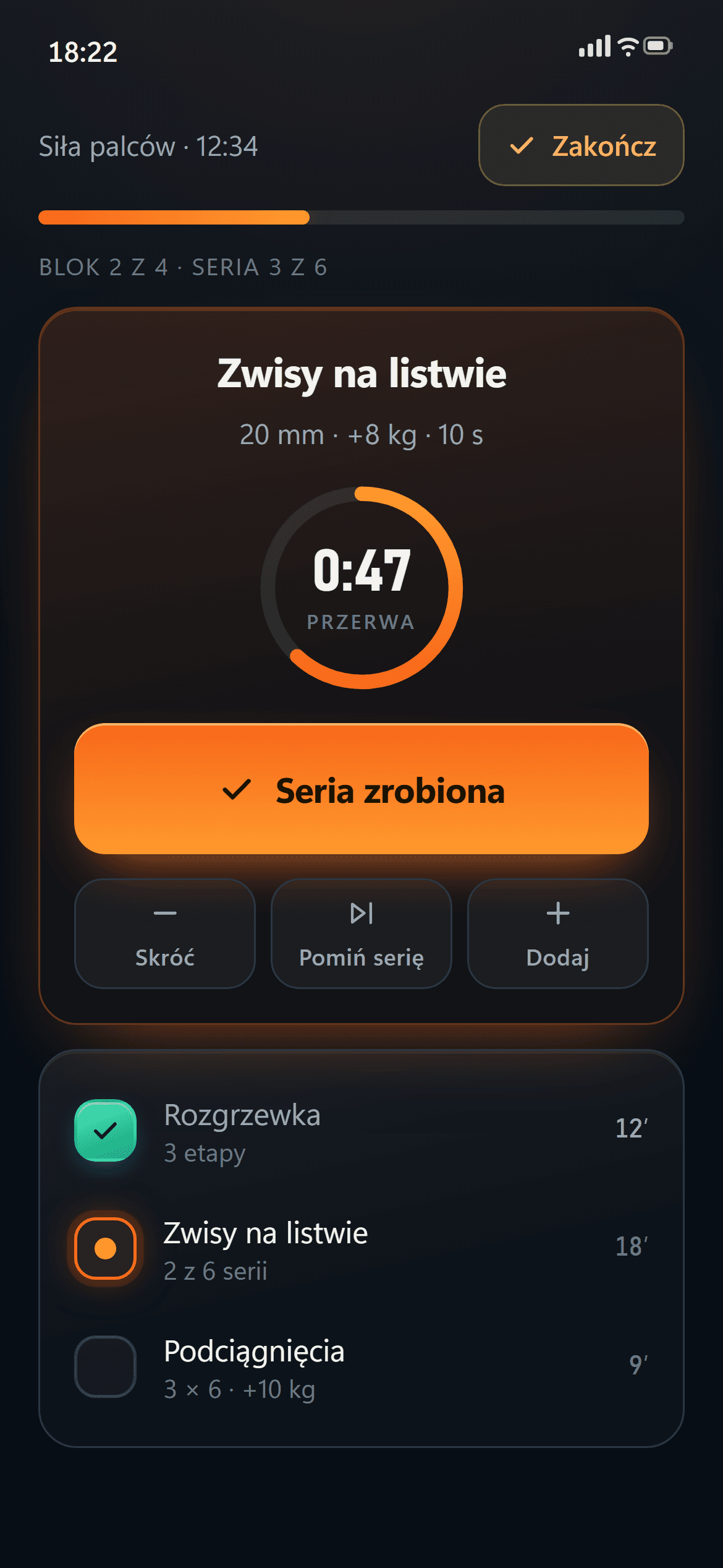 Trening w toku w aplikacji ClimbingDad: zwisy na listwie i licznik przerwy